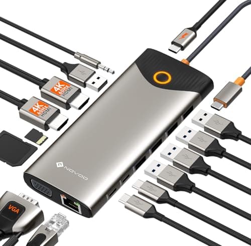 Image of NOVOO Docking Station, 15 in 1 USB C HUB with Dual 4K@60Hz HDMI, One-Click Screen-Off Button, USB C&USB A Ports, 100W PD, RJ45, SD/TF and Audio, Laptop Docking Station for MacBook/Dell/HP/Lenovo/ASUS