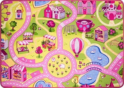 Image of Children's Kids Girls Pink Rug Funfair Playmat for Nursery Playroom Bedroom Educational Creative Play Crawling Soft Durable Toddler Play Mat 95cm x 133cm