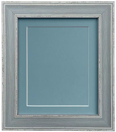 Image of scandi Distressed Blue Picture Photo frame with Blue Mount and Backing Board 14 x 11 inch For Image size A4