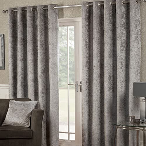 Image of Alan Symonds Home CRUSHED VELVET Lined Eyelet/Ring Top Curtains Pair silver 66" width x 90" drop