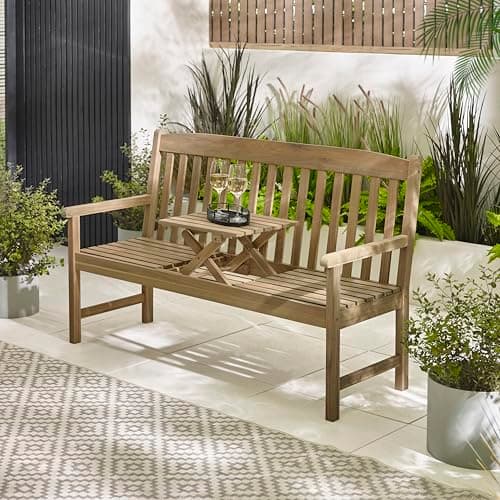 Image of Furniturebox UK Outdoor Furniture, Lox SOLID WOOD 2 Seat Garden Bench with Pop Up Table, Wooden Garden Bench Seat, Light Teak Stain Colour For Patio or Deck