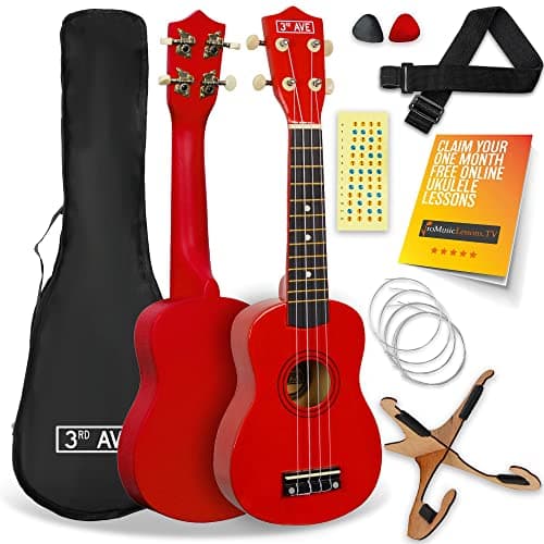 Image of 3rd Avenue Soprano Ukulele 21 Inch Beginner Pack Bundle – Bag, Stand, Strap, Strings, Picks and Fret Stickers – Red with FREE 1 Month Online Lessons