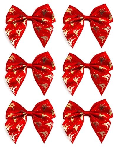 Image of Italian Options Reindeer Stag Ribbon Bows, Self-Adhesive Satin Christmas Gift Bow Decorations for Gift Wrapping, Crafts, Wreaths, Crafting Accessories, Gold Reindeer Red Satin, 6 Pack, 10 cm