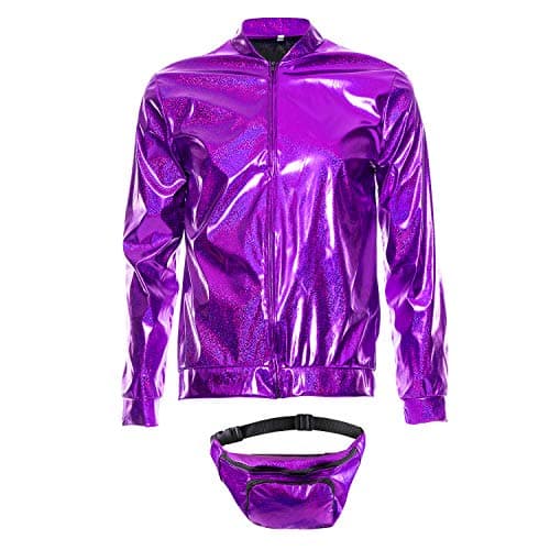 Image of SoWest Adults 70s Holographic Bomber Jacket with Bumbag – 80s 90s Foil Metallic Rave Zip-Up Front Jacket | Shiny Fancy Dress Festival Outfit for Disco, Hip Hop & Retro Party Themes, Purple - Large