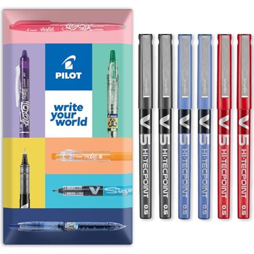 Image of PILOT V5 Hi-Tecpoint Rollerball Pen - Fine 0.5mm Nib - In Envelope Gift Packaging - Pack of 6 (Black, Blue, Red)
