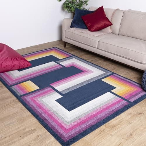 Image of Asiatic Edits Low Pile Geometric Navy Multi Indoor Rug for Living room, Bedroom, Conservatory, Hallway, Large Area, Easy to Clean, Area Rugs - Non Shedding 80x150cm