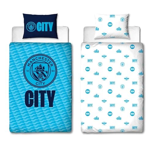 Image of Manchester City FC Official Single Duvet Cover Set, Crestcol Design | Blue Reversible 2 Sided Football Bedding Cover Official Merchandise Including Matching Pillow Case