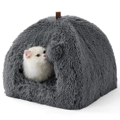 Image of Bedsure Cat Cave Bed Igloo - Fluffy Cat Bed House with Removable Washable Cushion Pillow Foldable Portable Pet Bed, 40x40x40cm，Dark Grey