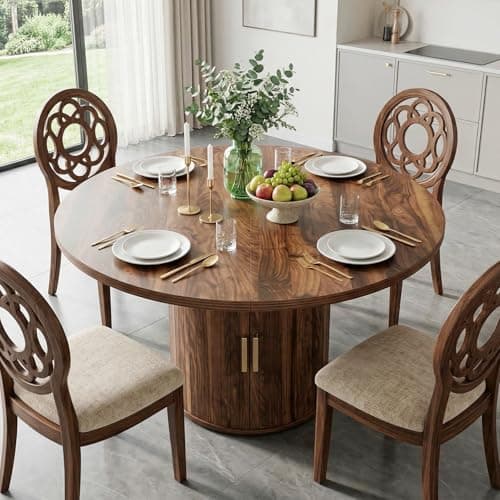Image of OOFAYJIA Extendable Round Dining Table, 43.3-Inch Farmhouse Wooden Dining Table with Cross Base and Removable Table Plate, Space Saving for Dining Room, Kitchen, Living Room, Walnut (Style 1)