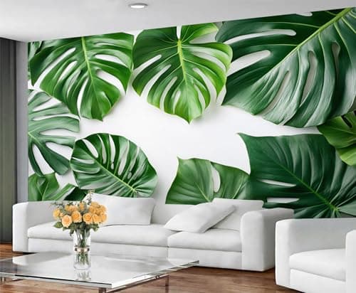 Image of GIVLWF Monstera Leaf Wallpaper, Green Leaves Wallpaper for Living Room, Tropical Botanical Wall Mural & Bedroom Decor, Non Self Adhesive Wall Paper