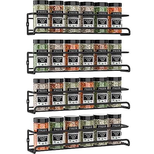 Image of Spice Racks Organiser - 4 Tier Hanging Stainless Steel Wall Mounted with Adhesive Stickers & Screws Kitchen Pantry Shelf for Spices and Condiments, Jars (Black)