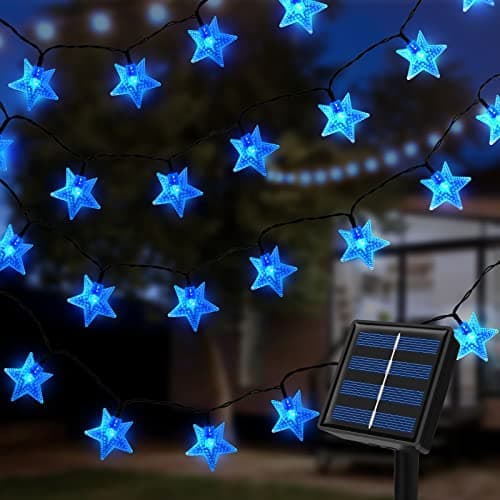 Image of Ninonly Solar String Lights, 7m 50 LED Blue Star String Lights, 8 Modes Star Fairy Lights Outdoor, Waterproof Solar Lights for Christmas Wedding Yard Patio Lawn Wall Decoration