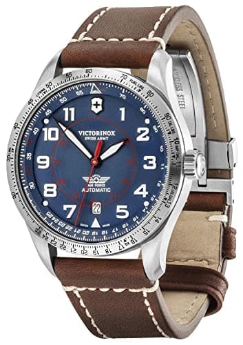 Image of Victorinox Men’s Watch Automatic AirBoss Mechanical, Ø 42 mm, Swiss Made, Water-Resistant up to 100 m, Sapphire Glass, Leather Strap, Blue/Brown