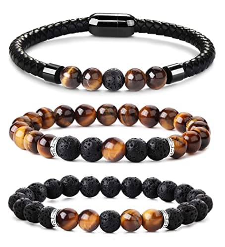 Image of KALVICA 3 Pcs 8 mm Tiger Eye & Lava Rock Bead Bracelets for Men, Brown & Black, Magnetic Clasp