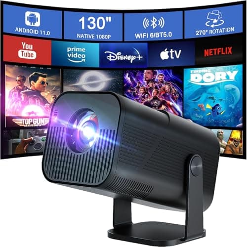 Image of Portable Smart Projector with WiFi & Bluetooth, Native 1080P Supports 4K, 300 ANSI Lumens, Auto Keystone, Android TV 11.0, Hi-Fi Speaker for Home Cinema, Bedroom, Outdoor