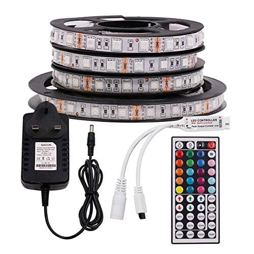 Image of GQL 12V RGB LED Strip Lights, 5050 300LEDs Strips Self Adhesive Tape, 44 Key Remote IR Controller + UK Power Supply Rope Light Kit (5m, IP65 Waterproof)