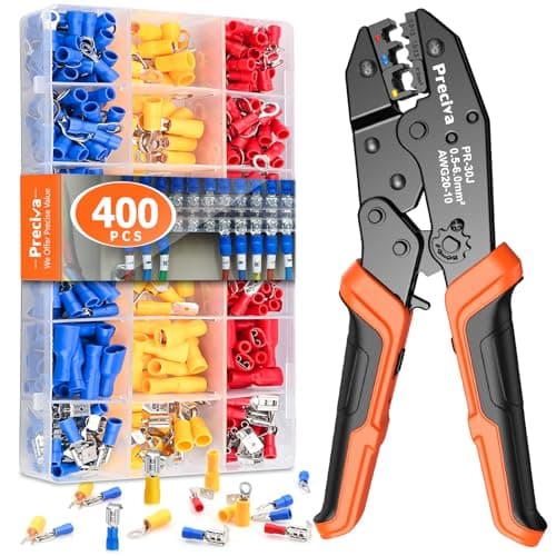 Image of Insulated Wire Terminal Crimping Tool Kit, Preciva Black 0.5-6mm² Ratchet Crimp Plier, Electrician Cable Lug Pliers Set with 400pcs Insulated Butt Bullet Spade Ring Crimper Connectors