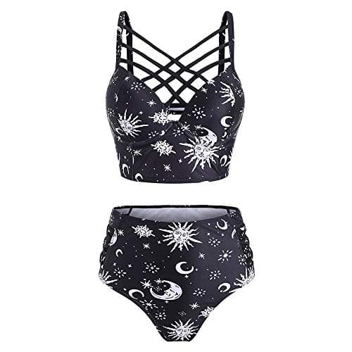 Image of JMSUN Women's Summer Sun Star Moon Swimsuit with Cross Back Lattice Straps High Waist Tankini, Black, XXL