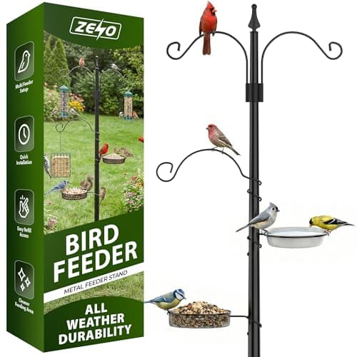 Image of ZENO Bird Feeders Hanging Station | Bird Feeder | Heavy Duty Feeding Station for Birds | Birds Feeding Pole | Multi Feeder Standing with Metal Suet, Water Dish | Includes 2 Stations