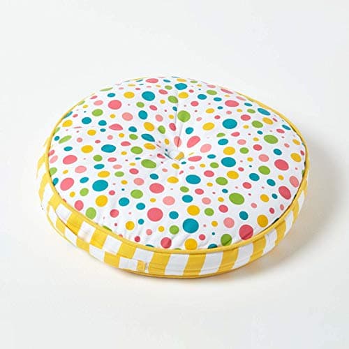 Image of HOMESCAPES Multi-coloured Round Floor Cushion Large Decorative Circular Children’s & Garden Seat Pad with Polka Dot Pattern, Pre-Filled 100% Cotton Indoor and Outdoor Cushion, 43cm