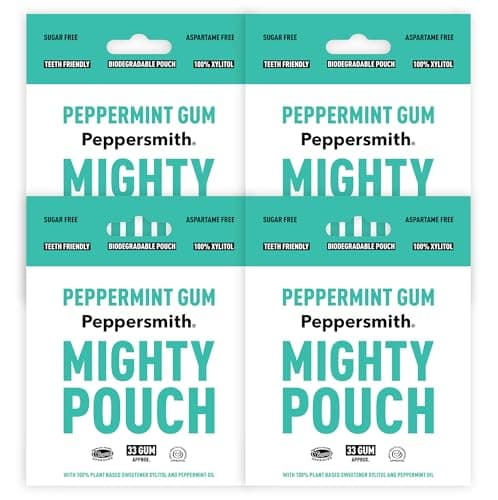 Image of Peppersmith - British Peppermint Gum - 100% Plant Based Xylitol- Breath Freshener - Sugar Free Mints - Benefits Oral Health - Mighty Pouch - Pack of 4