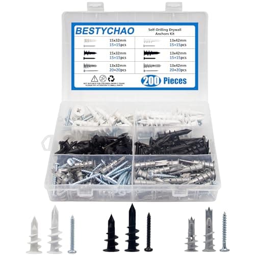 Image of BESTYCHAO Drywall Anchors Kit, 200 PCS Self Drilling Wall Anchors, 6 Sizes Zinc Metal & Nylon Plastic 13x42mm 13x32mm 15x32mm Plaster Wall Anchors and Screws Assortment Kit