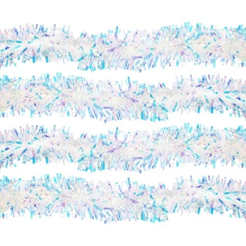 Image of NEW-YIJUNSHUN Christmas Tinsel Garland Shiny Iridescent White Garland Twist Garland Christmas Snowflake Tinsel Garland for Christmas Party Indoor and Outdoor (8 metres)