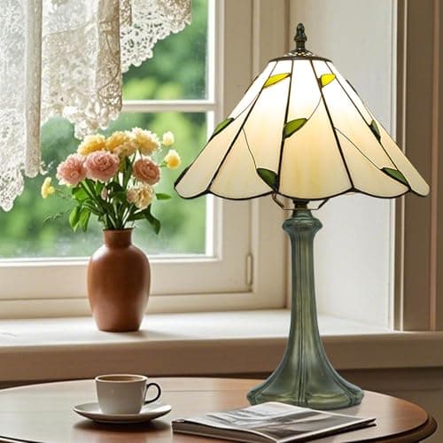 Image of Ppbmocw Tiffany Style Lamp,Stained Glass Table Lamp for Living Room,Bedside,Bedroom,Nightstand,12 Inch Small Vintage Lights Included E27 Bulb with Remote Control (Umbrella Shaped White Willow Tree)