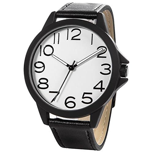 Image of NUOVO Men’s Watches Black Leather Strap Quartz Analogue White Dial Wrist Watch Arabic Number Water Resistant Classic