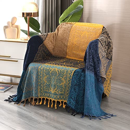 Image of DECMAY Chenille Sofa Throw Blanket,Jacquard Tassels Throws for Sofas Large for 2 3 4 Seater, Boho Blankets Throws for Bedspreads Armchairs Couch Furniture Bed Throw (Blue Yellow, 150 x 190 cm)