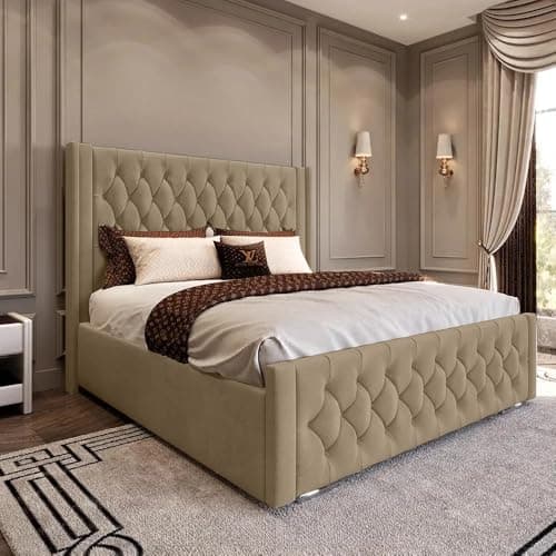 Image of AL SULTAN 5FT King Luxury Chesterfield Winged Bedframe With Headboard Upholstered In Plush Velvet Mink Bed Wooden Slats - No Mattress - No Storage (Mink Plush, 5FT King Frame Only)
