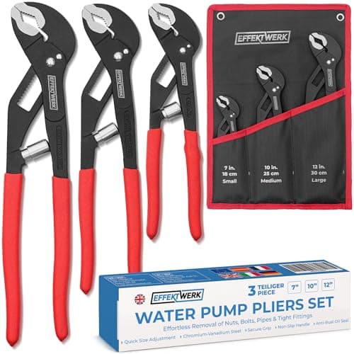 Image of EffektWerk - 3-Piece Adjustable Angle Nose Slip Joint Pliers Set - 180 mm, 245 mm, 300 mm - Self Adjusting Tongue and Groove Pliers for Pipe, Fittings, Nuts, Bolts, Plumbing