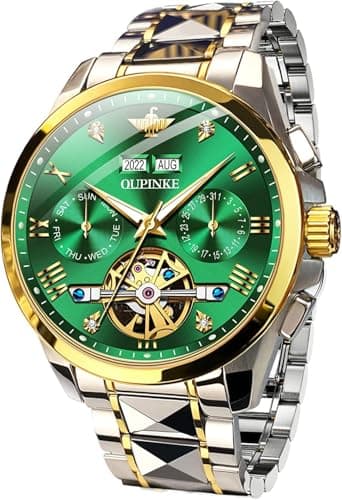 Image of OLEVS Men Skeleton Watch Automatic Mechanical Self Winding Sapphire Crystal Luxury Dress Tungsten Steel Waterproof Two Tone Strap