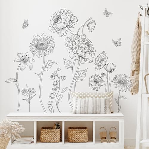 Image of SHUCHING Large Black White Flowers Wall Stickers Peel and Stick, Peony Wildflowers Wall Decals, Removable Vinyl Wall Decoration Art for Bedroom Living Room Office Sofa