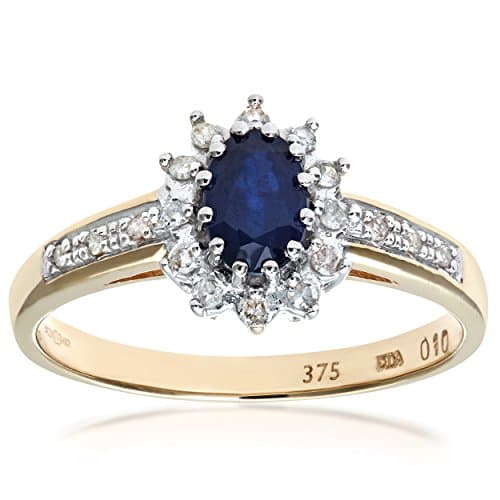 Image of Elegano 9ct Yellow Gold Ring – Sapphire Diamond Cluster Band Size P Women’s Ring