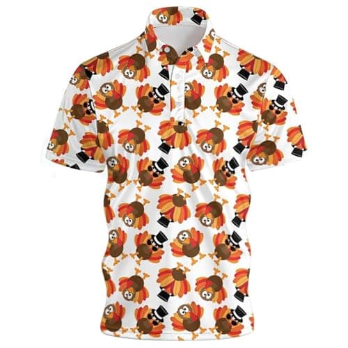 Image of Men's Polo Shirt with Funny Turkey Pattern - Short Sleeve Shirt with All-Over Print for Thanksgiving | Funny Top for Thanksgiving Celebration, style_c01 orange, 3XL