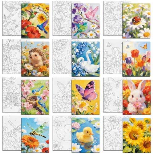 Image of MAYJOYDIY 12 Pcs Animal Flower Pre Drawn Canvas to Painting Bird Dragonfly Pre Printed Canvas for Adults 25×20cm Sunflower Rabbit Bee DIY Paint Art Board Supplies for Beginners, Party Favor