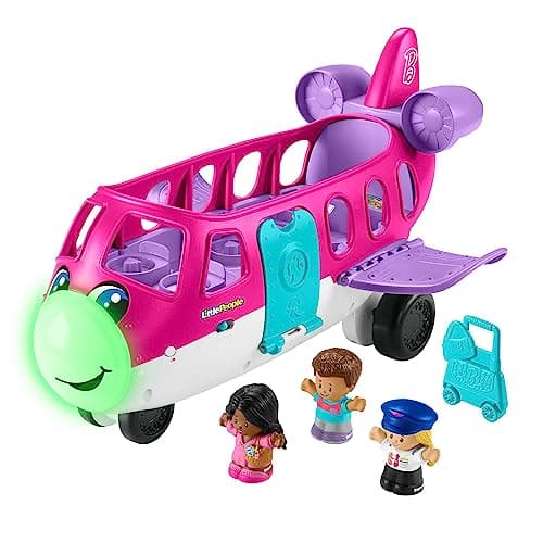 Image of Fisher-Price Little People Barbie Little Dream Plane with Lights, Sounds and Folding Ladders, Barbie and Ken Characters and Luggage, Multilingual Version, Baby Toy, 18+ Months, HRC37