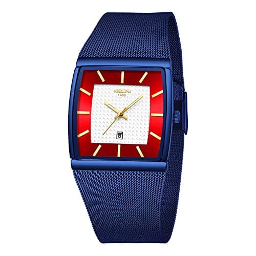 Image of NIBOSI Men Watches Luxury Military Waterproof Sport Quartz Analog Square Wrist Watch for Men with Stainless Steel Mesh Band Date Calendar(-Blue Red)