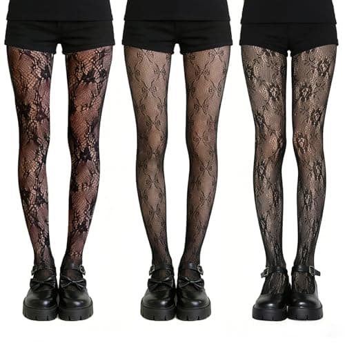Image of Benaewa 3 Pcs Patterned Tights for Women, Black Lace Tights for Cosplay, Parties