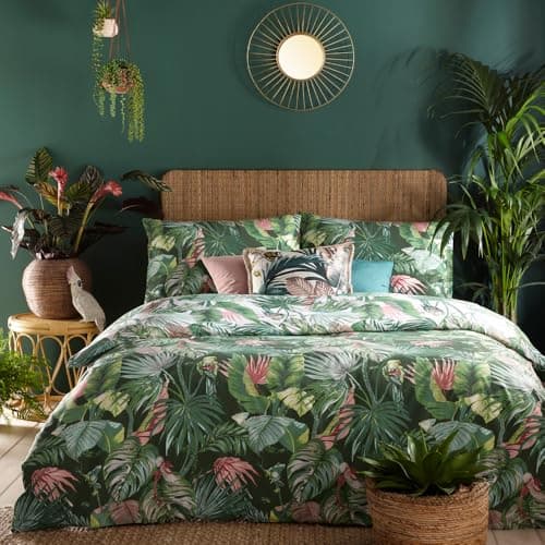 Image of furn. Amazonia Rainforest Reversible Duvet Cover Set – Tropical Jungle Print with Wildlife & Botanicals (King, Jade Green)
