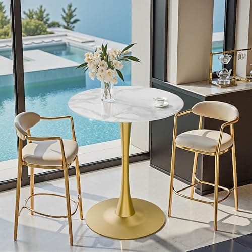 Image of White Breakfast Bar Table, Diameter 76cm Round Marble Bars Table Tall 100cm with Gold Base Durable Sintered Stone Top for Home Kitchen Bar Furniture & Commercial Spaces