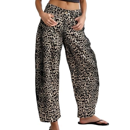 Image of Generisch Women's Barrel Boyfriend Baggy Jeans Leopard Print Mid Waist Cropped Wide Leg Jeans for Women Trendy, other, S