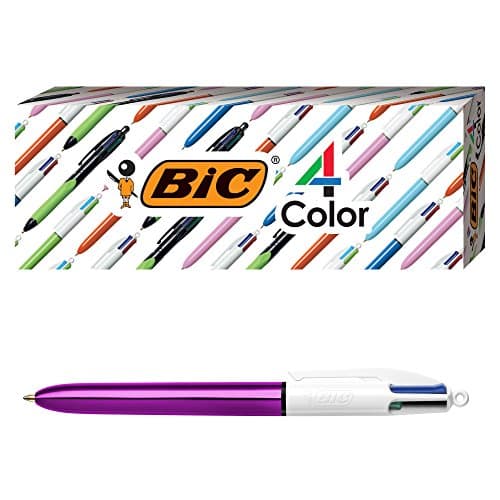 Image of BIC 4-Color Grip Ballpoint Pen, Blue Barrel, Medium Point (1.0mm), Assorted Inks, 3-Count