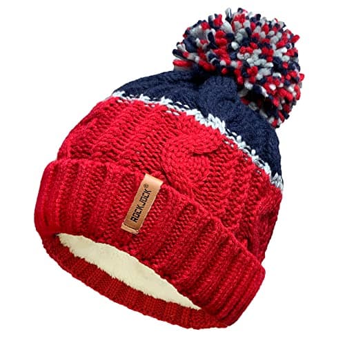 Image of RockJock Unisex Mens Ladies Warm Winter Chunky Colour Block Ski Bobble Pompom Hat with Cosy Thermal Teddy Fleece Liner-RED/Navy