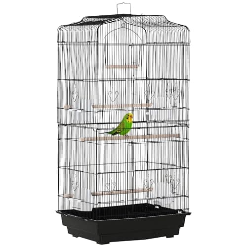 Image of PawHut Bird Cage with Perches, Food Bowls, Swing, Parrot Cage for Budgie, Parakeet, Small Bird, 46.5 x 35.5 x 92cm, Black
