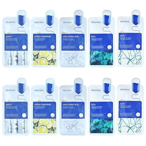 Image of Mediheal Dermaplus Sheet Mask 10PC – Birch, Cica, Hyaluronic Acid, Aloe, Heartleaf – 5 Random Variants, 2 Pieces Each – Korean Skincare Set, Beauty Gift for All Skin Types