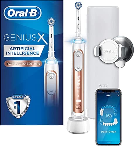 Image of Oral-B Genius X with Artificial Intelligence Rose Gold Electric Toothbrush, 1 Toothbrush Head, 6 Modes, Gum Pressure Sensor, USB Charging Travel Case, UK 2 Pin Plug, Gift for Men/Women