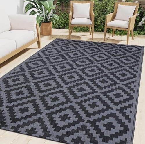 Image of smiry Outdoor Rug Waterproof Garden Rugs UV-Resistant Outside Patio Carpet Reversible Plastic Straw Mat for Balcony, Camping, Picnic, Backyard - 150 x 240 cm, Black & Grey