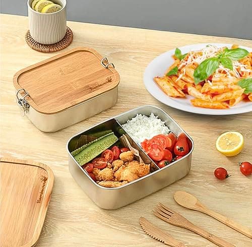 Image of Bambuood Premium Stainless Steel Bento Lunch Box. Eco-Friendly Meal Storage, Food Container With 100% Leak-Proof Bamboo Lid. For Adults, Work, Travel Use. Free Bamboo Cutlery. (41 oz)